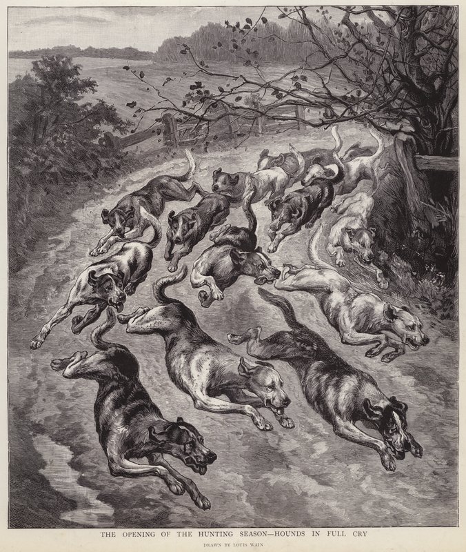 Psi v plném pláči na začátku lovecké sezóny (litho) od Louis Wain