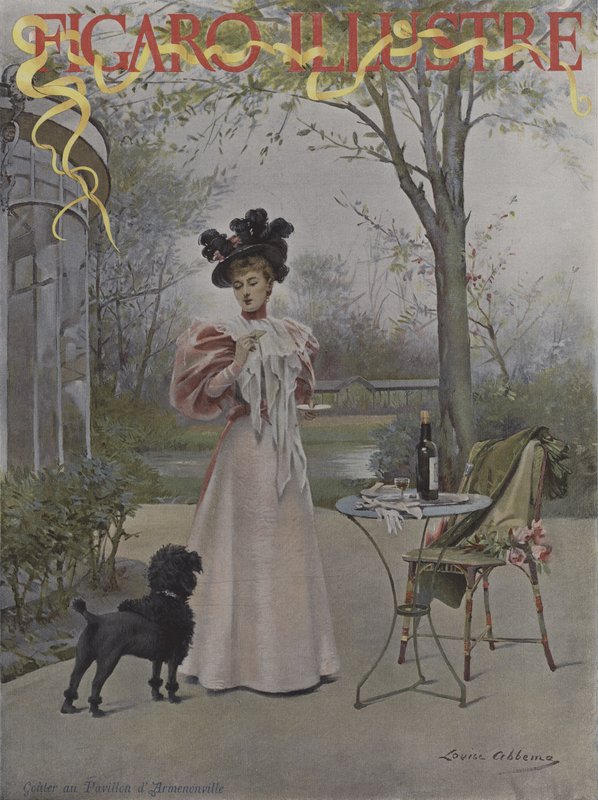 Ochutnejte v Pavillon dArmenonville (Ochutnávka v Pavillonu dArmenonville). Obálka Le Figaro Illustre, květen 1895 od Louise Abbéma
