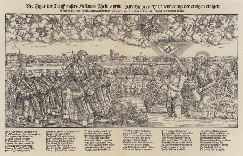 Fridrich III., saský kurfiřt a Martin Luther svědky Kristova křtu (rytina;) od Lucas the Elder (after) Cranach