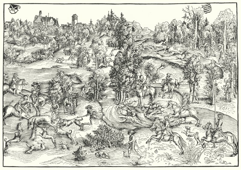 Lov jelena v jelení oboře nebo krajině (rytina) od Lucas the Elder (after) Cranach