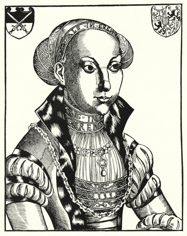 Sybille z Cleves, choť Jana Fridricha I., saského kurfiřta (rytina) od Lucas the Elder (after) Cranach