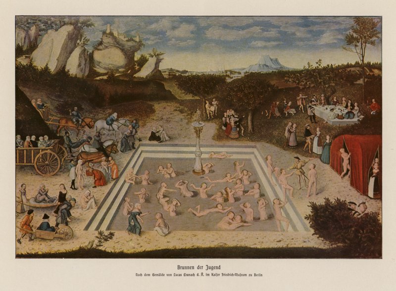 Fontána mládí (barevná litografie) od Lucas the Elder (after) Cranach