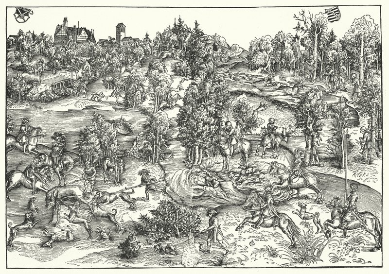 Lov na jelena (rytina) od Lucas the Elder (after) Cranach