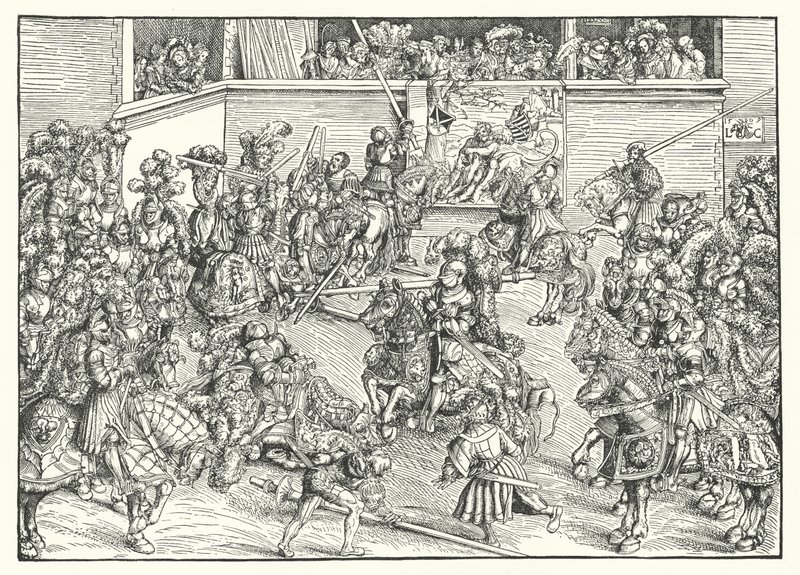 Turnaj s gobelínem Samsona a lva (rytina) od Lucas the Elder (after) Cranach