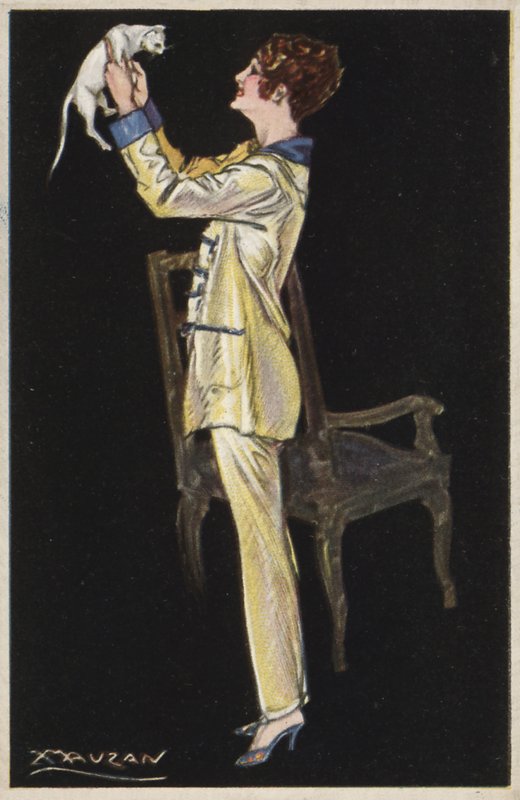 Dívka v pyžamu drží bílou kočku (Color Litho) od Luciano Achille Mauzan