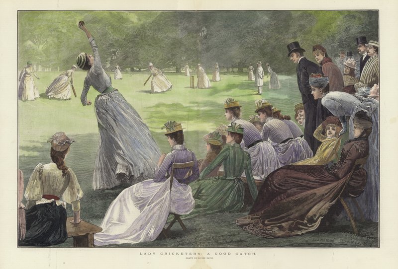 Lady Cricketers: A Good Catch (barevná rytina) od Lucien Davis