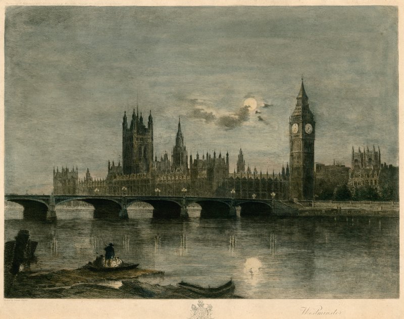 Westminster v noci barevná rytina od Lucien Marcelin Gautier