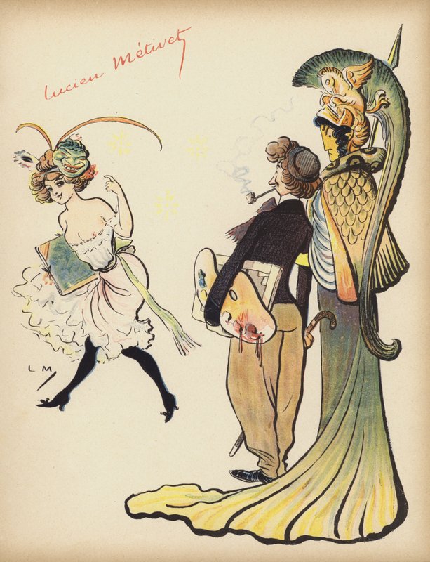 Dívka kývá umělci, aby ji následoval (barva litho) od Lucien Metivet