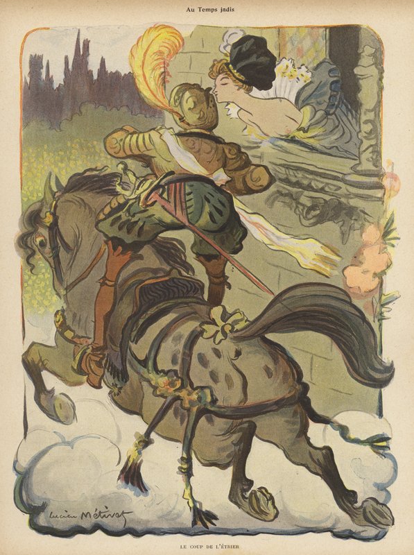 Jezdec stojící ve třmenech, aby dostal polibek od dámy, když kolem ní projížděl od Lucien Metivet