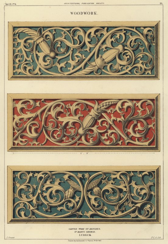 Vyřezávané dřevěné práce na lavicích v kostele Panny Marie, Lubeck, Německo (barva litho) od Ludwig Gruner