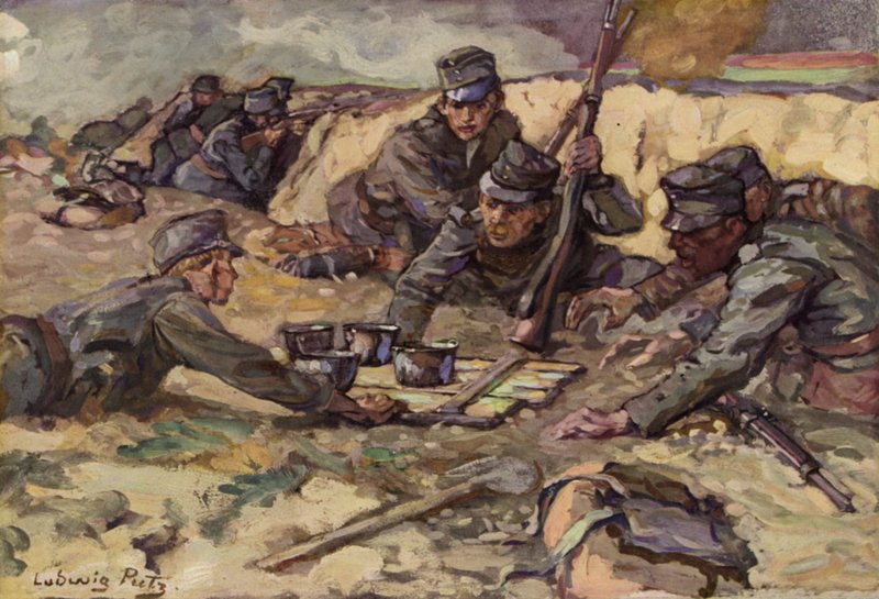 Občerstvení z polní kuchyně při bojích v zákopech (barva lito) od Ludwig Putz