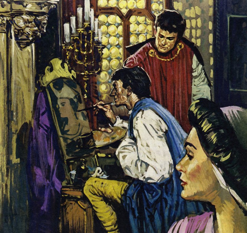 Hrabě Jan se stal Van Eyckovým patronem v Haagu (barevná litografie) od Luis Arcas Brauner