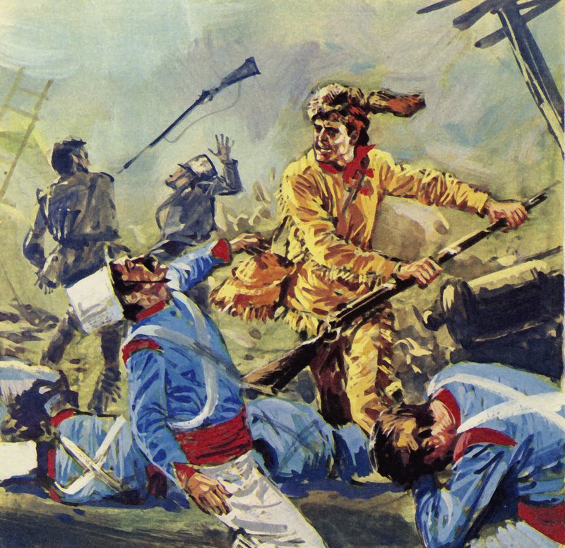Davy Crockett nakonec padl pod neustálými mexickými útoky (barevná litografie) od Luis Arcas Brauner