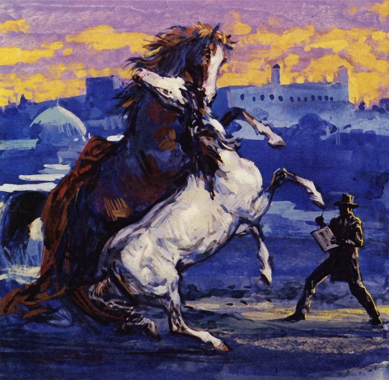 Delacroix viděl dva divoké hřebce, jak se perou, a nedbaje rizika, nakreslil scénu (barevná litografie). od Luis Arcas Brauner