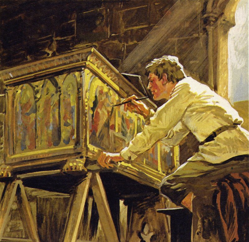 Duccio di Buoninsegna pracoval v Sieně na výzdobě krabic (barevná litografie) od Luis Arcas Brauner