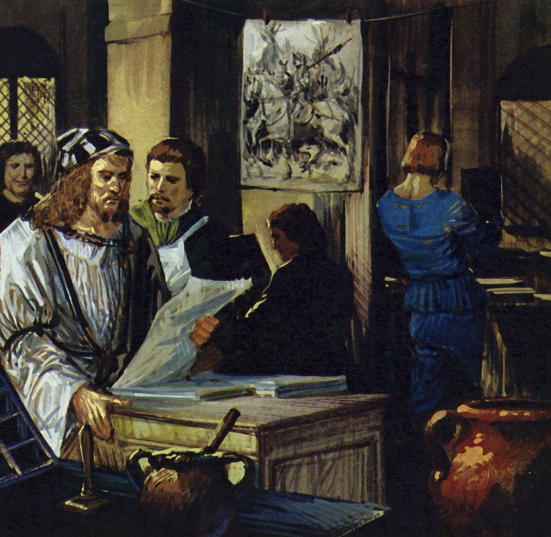 Durer odešel do Basileje a stal se xylografem (dřevorytcem) (barevná litografie). od Luis Arcas Brauner