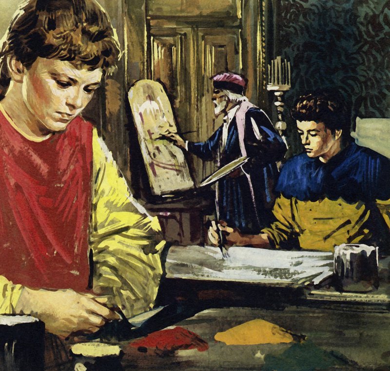 Jan a jeho bratr Herbert Van Eyck se vyučili u místního malíře (barevná litografie). od Luis Arcas Brauner