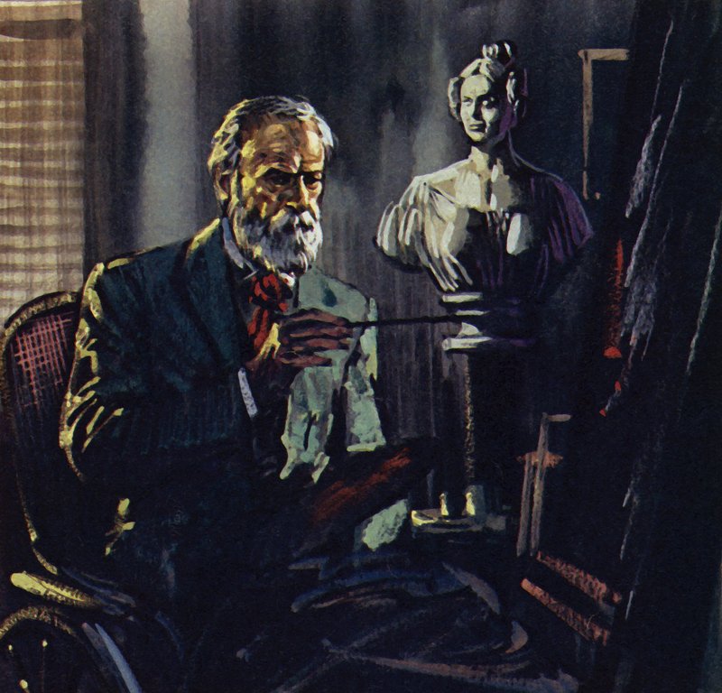 Renoir byl kvůli revmatismu upoután na lázeňské křeslo (barevná litografie) od Luis Arcas Brauner