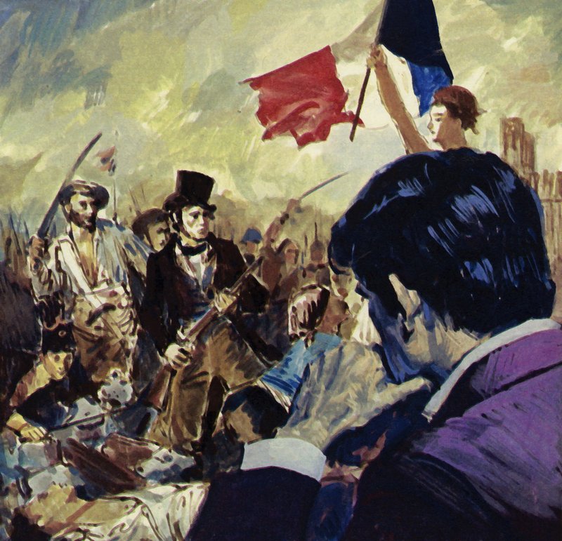 Francouzská revoluce inspirovala Eugena Delacroixe k namalování obrazu Svoboda, která vede francouzský lid (barevná litografie). od Luis Arcas Brauner