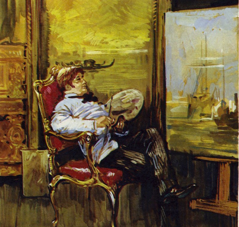 Turner sedící před jedním ze svých obrazů (barevná litografie) od Luis Arcas Brauner