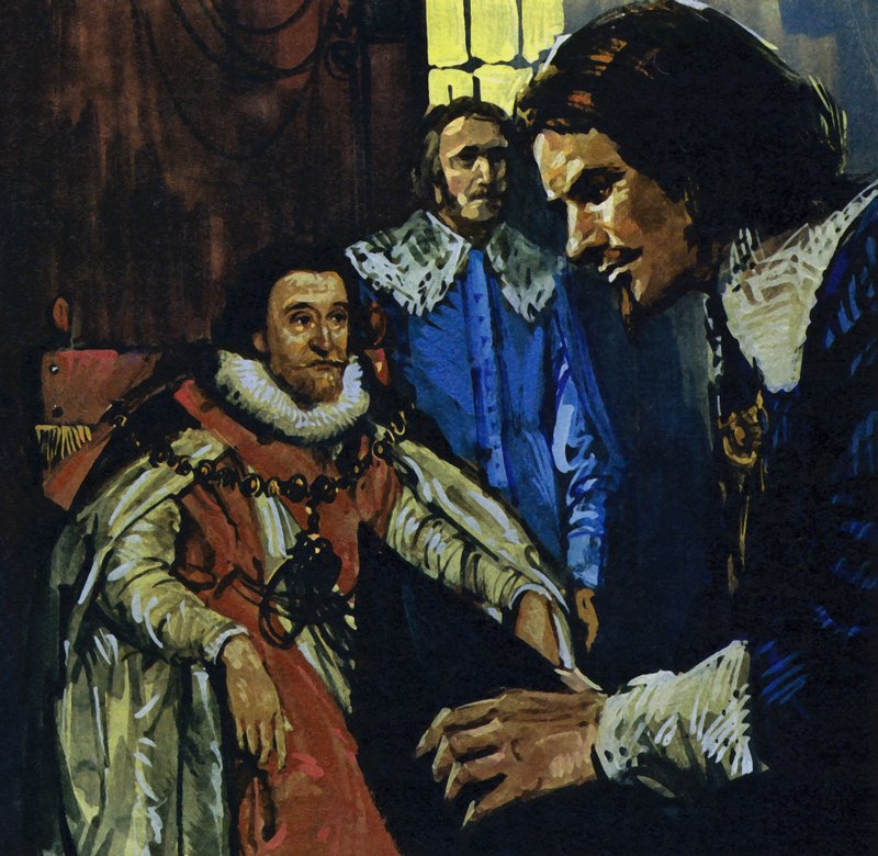Van Dyck se dostal do povědomí hraběte z Arundelu, který ho představil králi Jakubovi I. (barevná litografie). od Luis Arcas Brauner