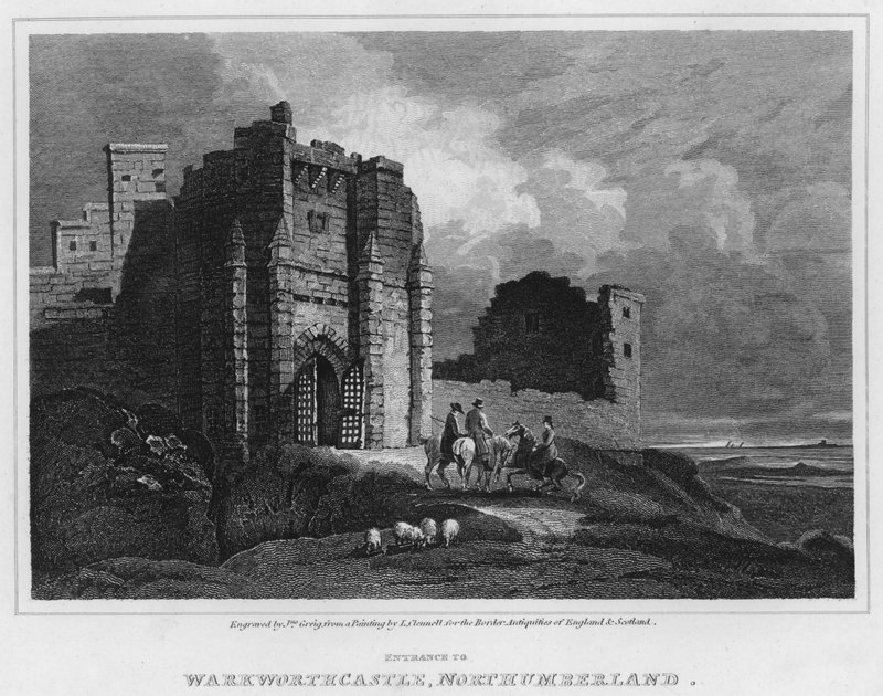 Vchod do hradu Warkworth, Northumberland (rytina) od Luke (after) Clennell