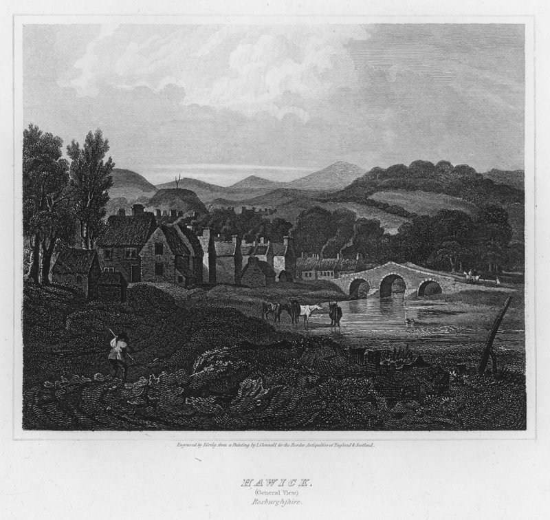 Hawick, General View, Roxburghshire (rytina) od Luke (after) Clennell
