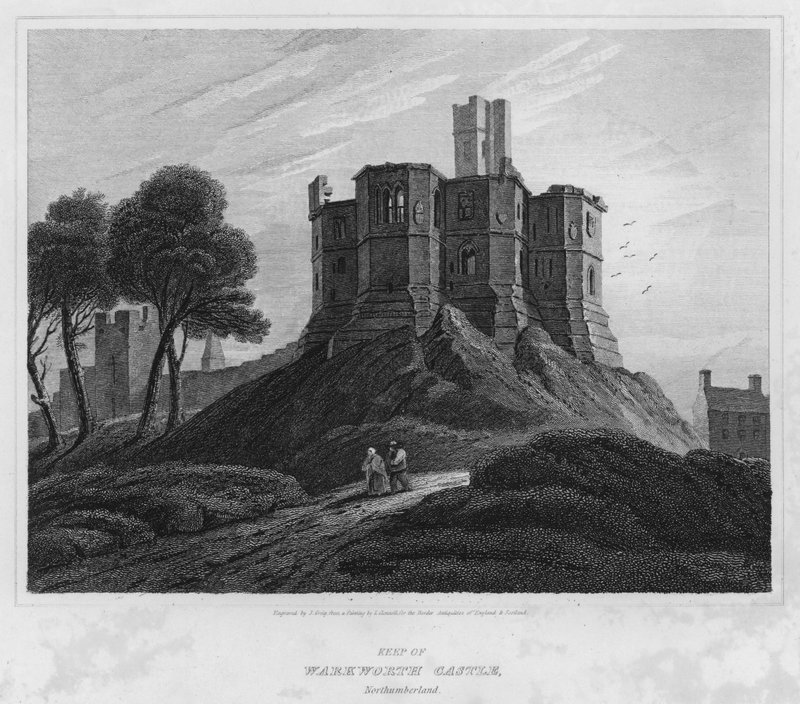 Hrad Warkworth, Northumberland (rytina) od Luke (after) Clennell
