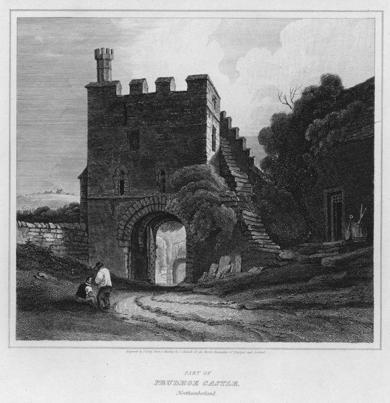 Část hradu Prudhoe, Northumberland (rytina) od Luke (after) Clennell
