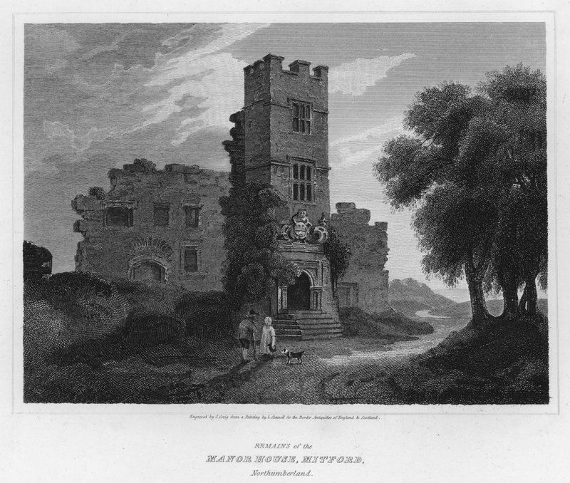 Pozůstatky Manor House, Mitford, Northumberland (rytina) od Luke (after) Clennell