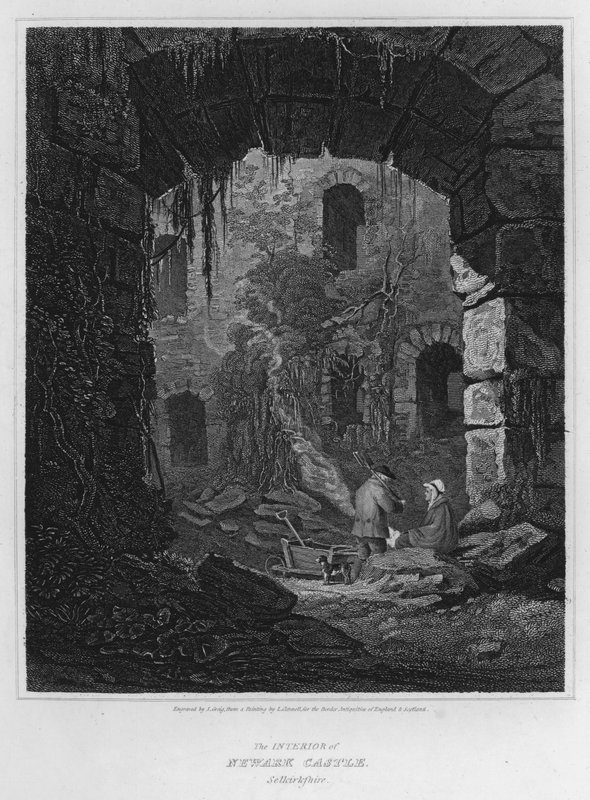 Interiér hradu Newark, Selkirkshire (rytina) od Luke (after) Clennell
