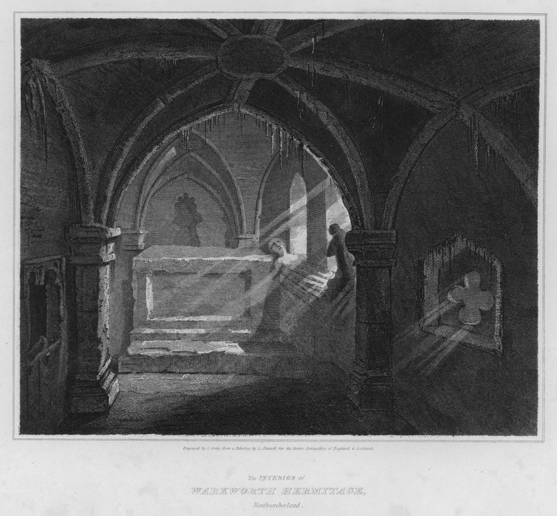 Interiér Warkworth Hermitage, Northumberland (rytina) od Luke (after) Clennell