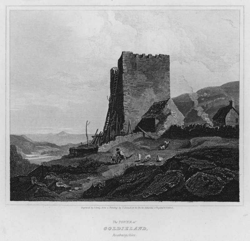 Věž Goldieland, Roxburgshire (rytina) od Luke (after) Clennell