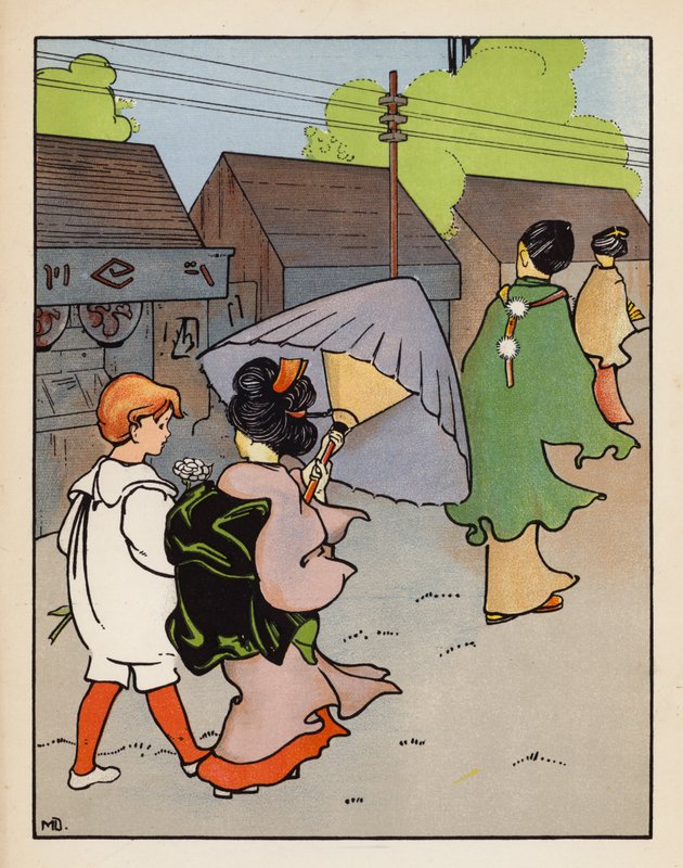 ""Pojďte se mnou a dostanete rýži a saké"" (barevná litografie) od Mabel Dearmer