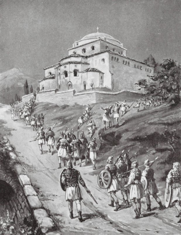 Byzantské vojsko prchající před Normany (litografie) od Margaret (after) Dovaston