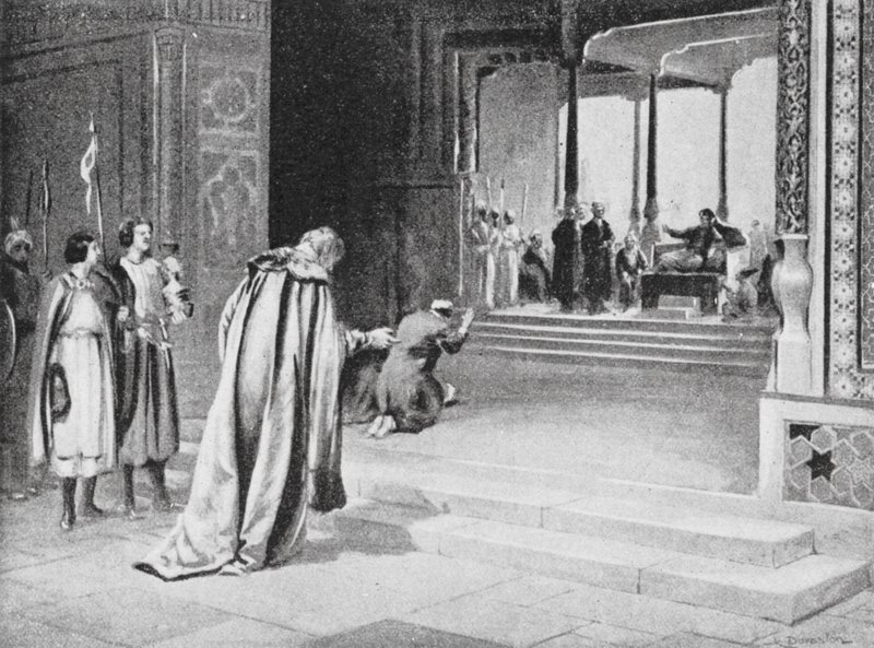 Geoffrey de Langley s Bar Saumou před Arghun Khanem od Margaret (after) Dovaston