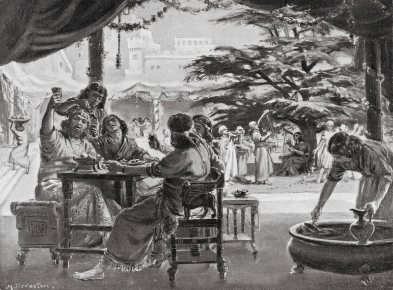 Radost v Babylonu při obnově města Esarhaddonem (litografie) od Margaret (after) Dovaston