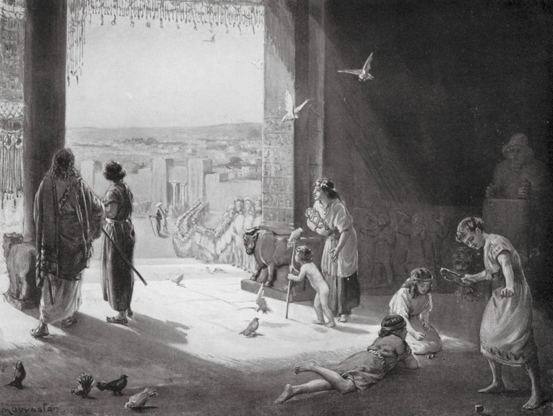 Sangar z Karchemiše přijímající Aššur-nasir-pal III (litografie) od Margaret (after) Dovaston