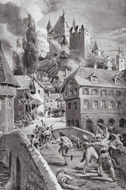 Vypálení hradu Wadenschwyl v roce 1804 (litografie) od Margaret (after) Dovaston