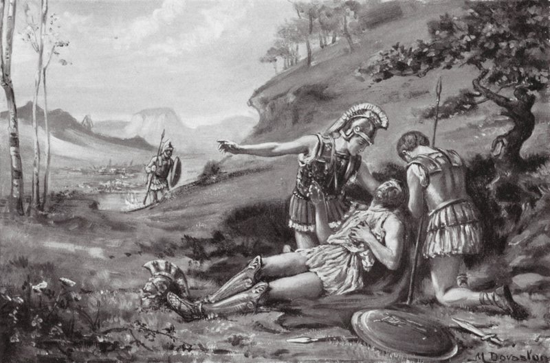 Epameinondova smrt, 362 př. n. l. (litografie) od Margaret (after) Dovaston