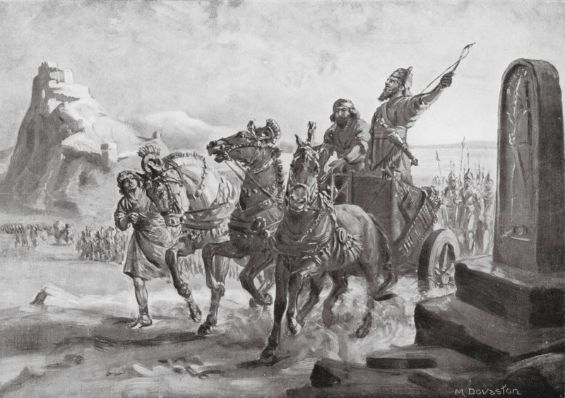 Tiglath-pileser IV. před citadelou v Turušpě (litografie) od Margaret (after) Dovaston