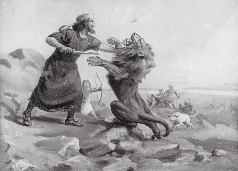 Tiglath-pileser I. zabíjí lva (litografie) od Margaret (after) Dovaston