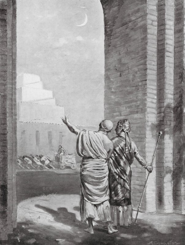 Ur-Engur kontroluje chrám boha Měsíce v průběhu stavby (litografie) od Margaret (after) Dovaston