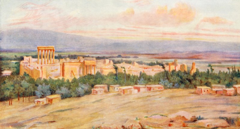 Celkový pohled na Akropoli, Baalbek (barevná litografie) od Margaret Thomas