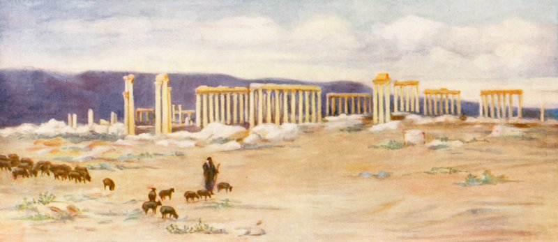 Celkový pohled na kolonádu, Palmyra (barevná litografie) od Margaret Thomas