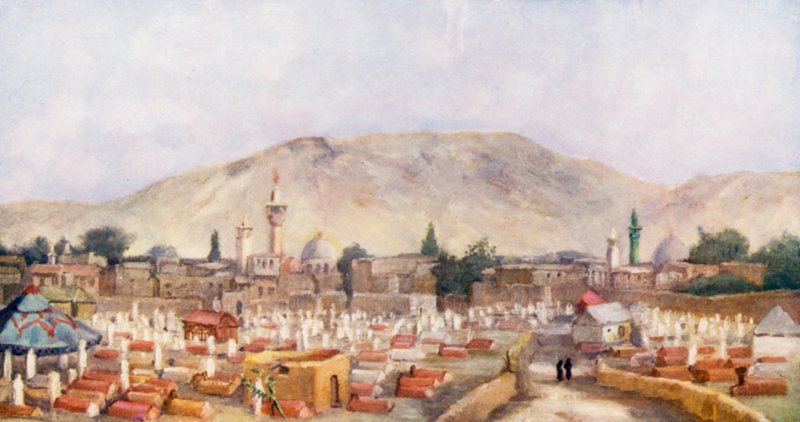 Muslimský hřbitov v Meidanu, Damašek (barevná litografie) od Margaret Thomas