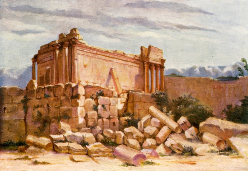 Malý chrám, Baalbek, exteriér (barevná litografie) od Margaret Thomas