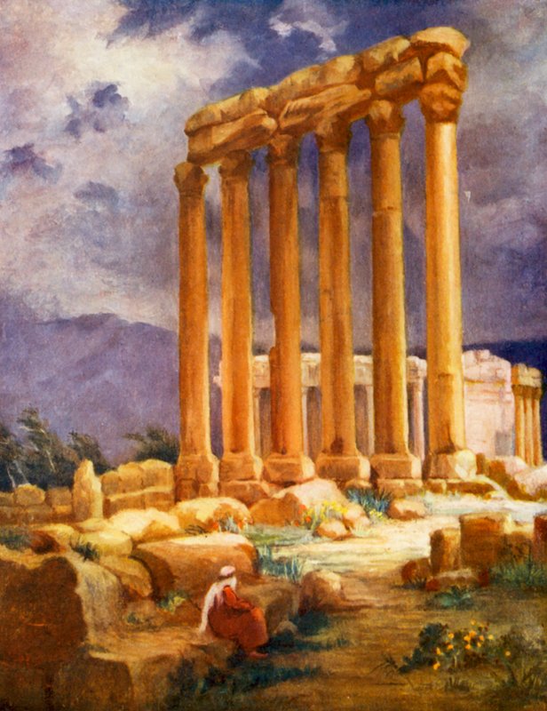 Jupiterův chrám, Baalbek, jiný pohled (barevná litografie) od Margaret Thomas