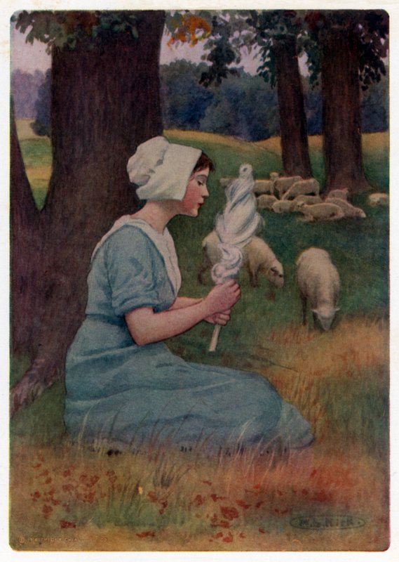 Chaucerovy Canterburské příběhy: „Péče o svá stáda a zároveň usilovně předení“ (barva litho) od Maria Louise Kirk