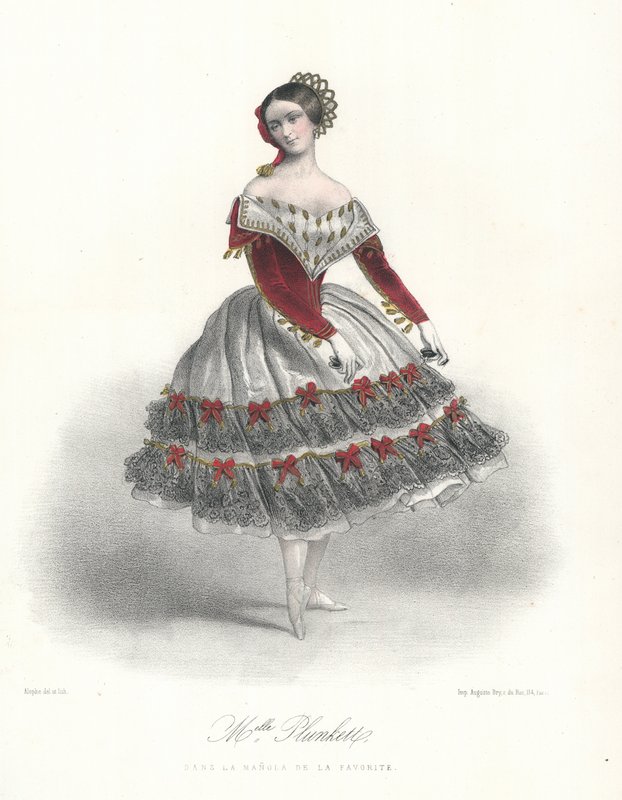 Belgická baletní tanečnice Adeline Plunkett v La Manola de la Favorite, c1860 (barva litho) od Marie Alexandre (after) Alophe
